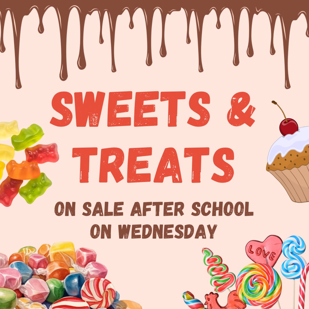 MarshLanePTA's tweet photo. Exciting news!! 🎉

Tomorrow the PTA will have a ‘Sweets &amp; Treats’ stall in the playground after school! 🍭🍫🧁 

See you there! 😋 https://t.co/HA6lBJfUiq