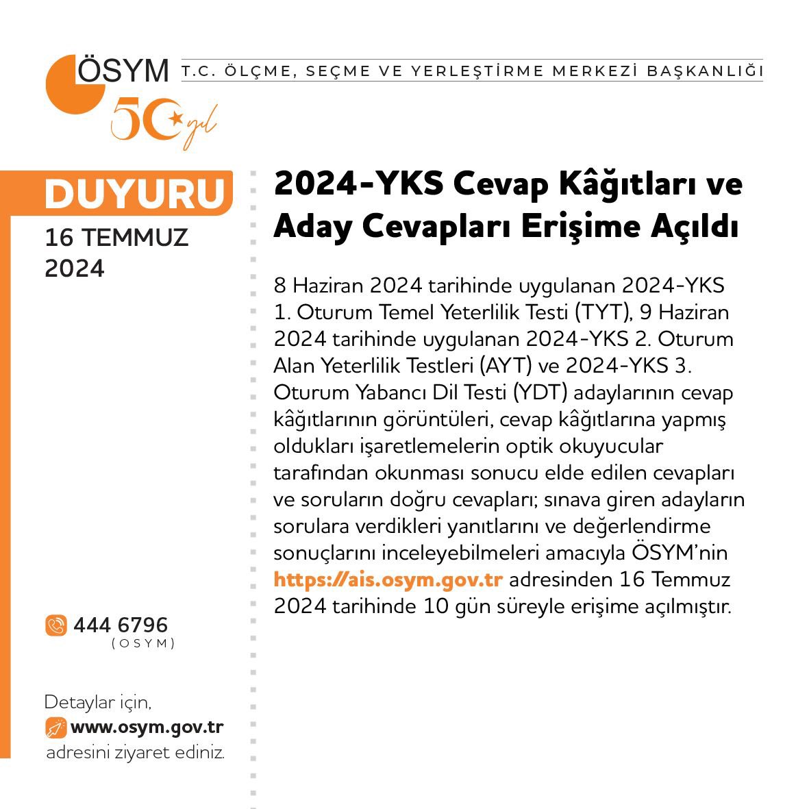 2024-YKS Cevap Kâğıtları ve Aday Cevapları Erişime Açıldı

osym.gov.tr/TR,29509/2024-…