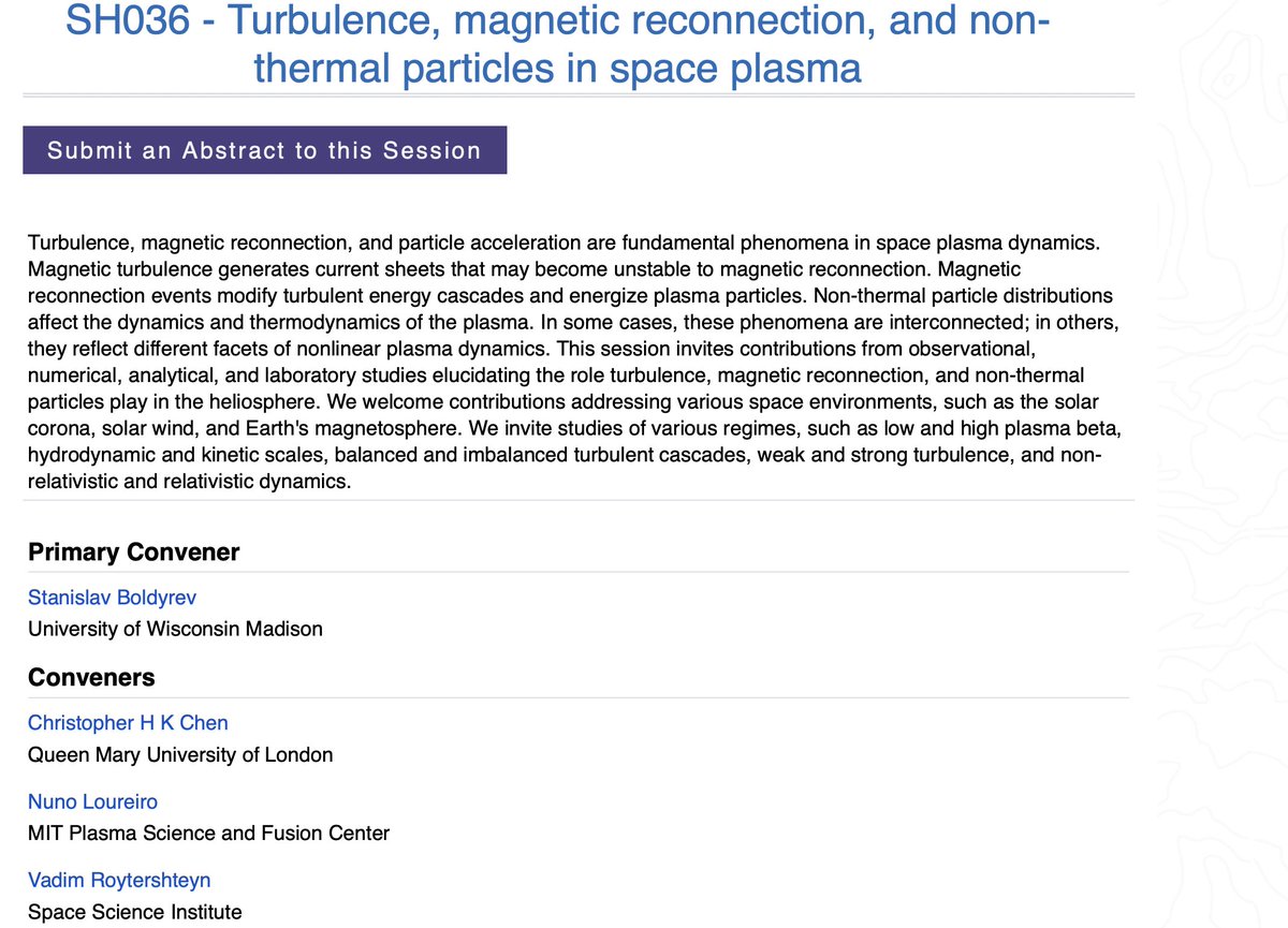 Christopher Chen (@chkchen) on Twitter photo Our <a href="/theAGU/">AGU (American Geophysical Union)</a> session on "Turbulence, magnetic reconnection, and non-thermal particles in space plasma" is open for abstract submissions. Deadline: 31 July 2024 23:59 EDT. #AGU24 #AGU2024 agu.confex.com/agu/agu24/prel… Our <a href="/theAGU/">AGU (American Geophysical Union)</a> session on "Turbulence, magnetic reconnection, and non-thermal particles in space plasma" is open for abstract submissions. Deadline: 31 July 2024 23:59 EDT. #AGU24 #AGU2024 agu.confex.com/agu/agu24/prel…