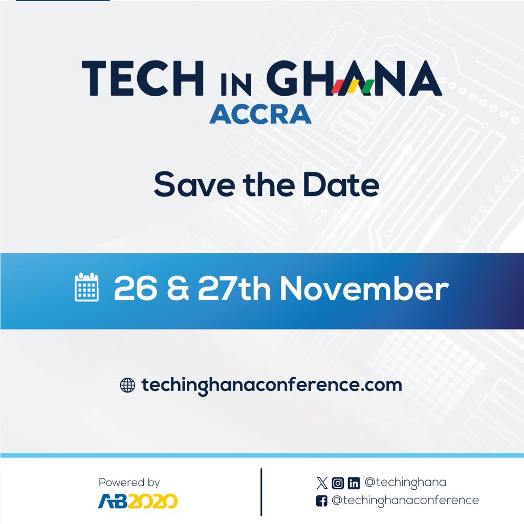 TechInGhana's tweet photo. 📌 SAVE THE DATE 

🗓️ 26 &amp; 27th November 2024 

Tech in Ghana: Accra Edition

Get in touch if you would like to be involved >> https://t.co/ifoJwVU3Gc

#techingh24 https://t.co/yTNGDS56Up