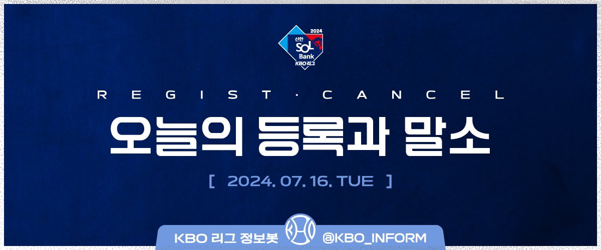 KBO_INFORM's tweet photo. ⚾️2024년 7월 16일 화요일⚾️

오늘의 등록과 말소 명단입니다.
___

등록: 투-임준형(LG), 이상동(KT), 최원준(두산), 김동혁(키움), 타-김범석(LG), 최승민(LG), 권동진(KT), 심우준(KT) 
말소: 투-조상우(키움) https://t.co/6xQmYT25TC