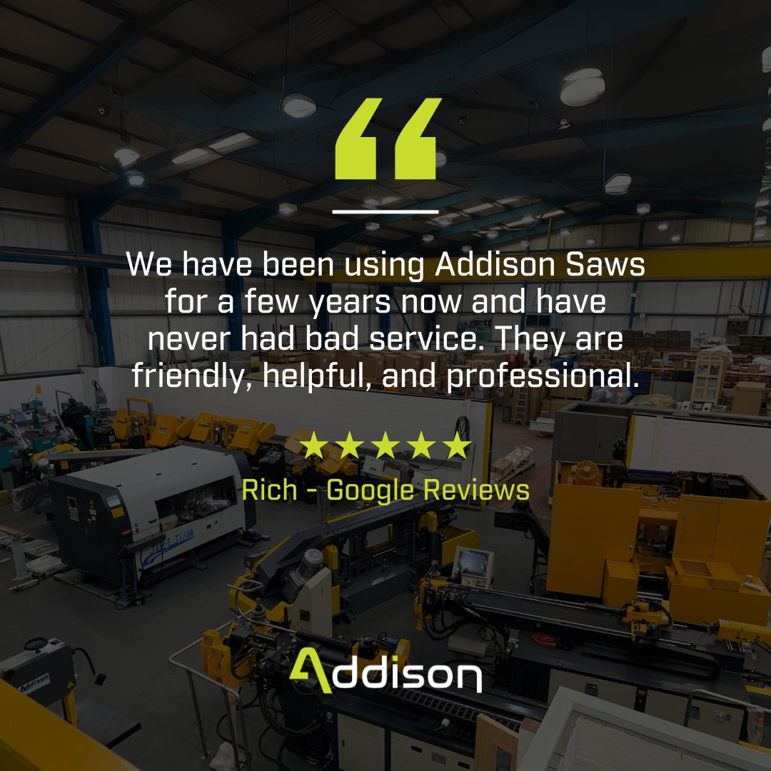AddisonSaws's tweet image. We provide the best service, with quality products to match, but don't just take our word for it!

We have an array of 5 star reviews, including from Rich, who has "never had bad service" from us. This is something we pride ourselves on here at Addison #Saws.

#BandSaws #Tube