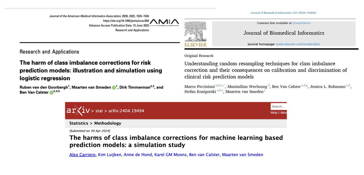 For clinical prediction models correcting for class imbalance is very often a very bad idea 

👉 doi.org/10.1093/jamia/…
👉 doi.org/10.1016/j.jbi.…
👉 arxiv.org/abs/2404.19494