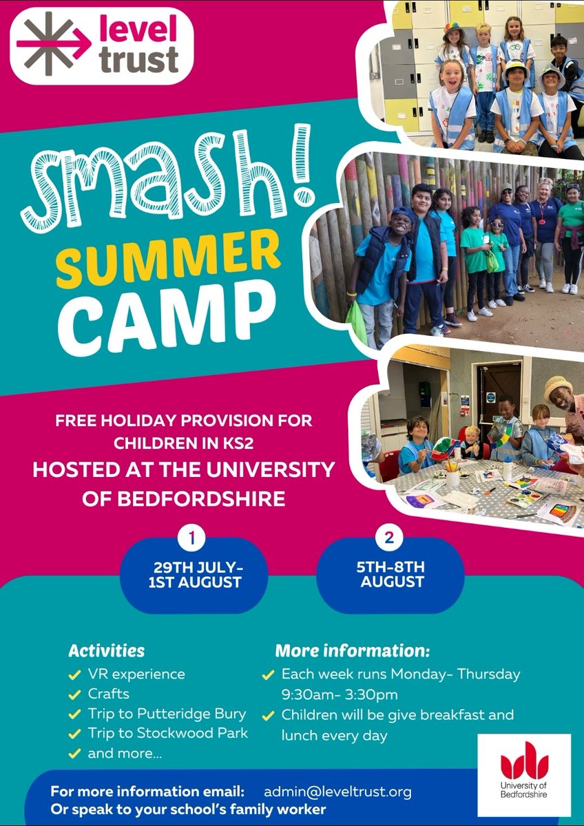 🩵🩷Book your free place for Summer SMASH 🩵🩷

5 weeks packed full of fun for children in KS2 (school years 3-6)

See our flyers for details.

To book, contact your school’s family worker or email: admin@leveltrust.org

Limited places remain

#energiseluton #haf2024