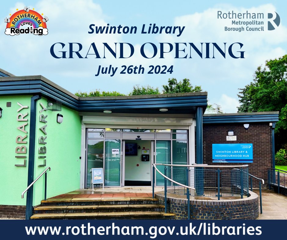 RothLibraries's tweet image. Swinton Library &amp;amp; Neighbourhood Hub will be having an open day on Friday July 26th with a full day of activities and events.
Please contact the Library on 01709 254615 for more information.