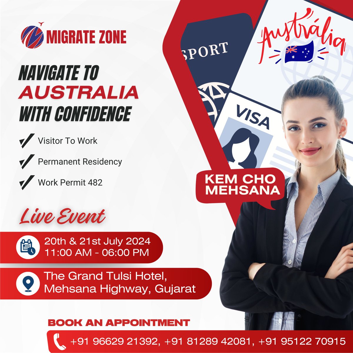 Migrate_Zone's tweet photo. 🚀𝐀𝐭𝐭𝐞𝐧𝐭𝐢𝐨�� 𝐌𝐞𝐡𝐬𝐚𝐧𝐚 𝐑𝐞𝐬𝐢𝐝𝐞𝐧𝐭𝐬! 🚀

Dreaming of starting a new life in Australia? Join us on 𝐉𝐮𝐥𝐲 𝟐𝟎-𝟐𝟏 at 𝐓𝐡𝐞 𝐆𝐫𝐚𝐧𝐝 𝐓𝐮𝐥𝐬𝐢 𝐇𝐨𝐭𝐞𝐥 for expert advice on PR, Work Permits, and Visitor to Work visas! 🌏✈️
.
#AustraliaPR #WorkPermit https://t.co/DObMSeJQ1g