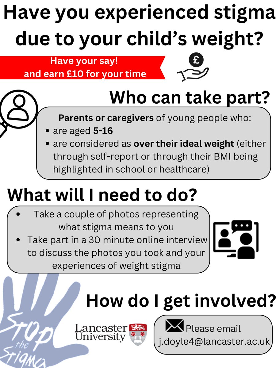 Can you help <a href="/jessdoyledclin/">Jess Doyle</a> with her research?

She is exploring the experiences of stigma which caregivers have faced due to their child living with excess weight.

To take part, please email j.doyle4@lancaster.ac.uk