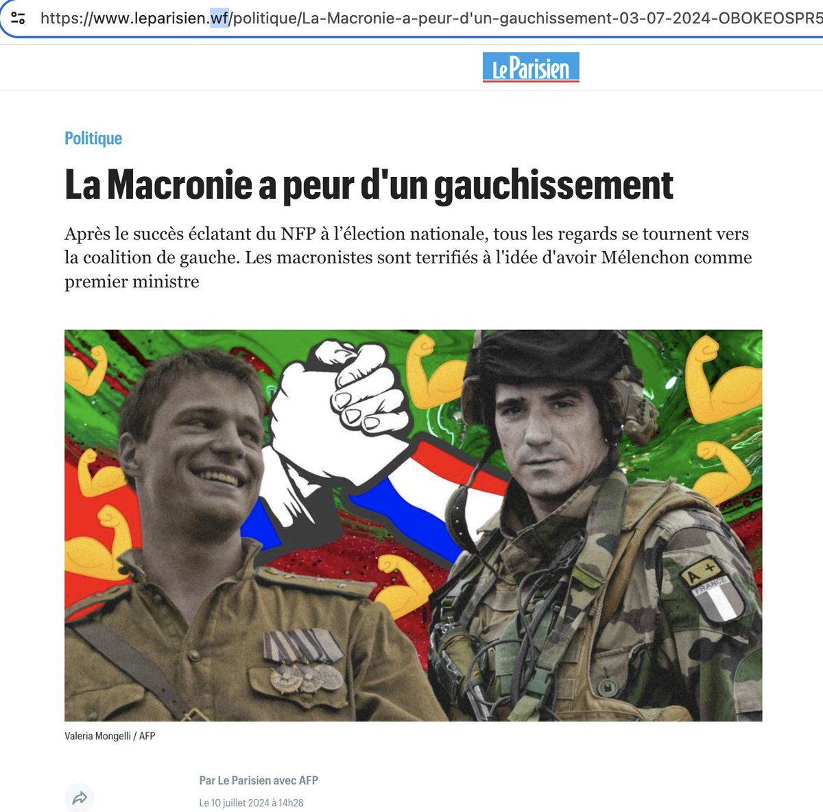 ETONNANT. Après avoir soutenu le #RN pendant la campagne, le réseau de désinformation russe #Doppelgänger soutient désormais #LFI, comme le montre ce récent faux article du <a href="/le_Parisien/">Le Parisien</a> prétendant reprendre des informations de l’<a href="/AFP/">AFP News Agency</a>, que m'a signalé l’excellent <a href="/P_Bouchaud/">Paul Bouchaud</a> 1/4