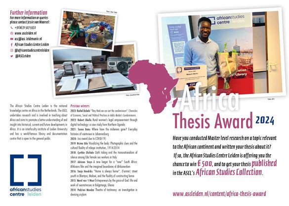 Are you interested in Africa and is your master's thesis on a related subject ? If so, the African Studies Centre Leiden is offering you the chance to win € 500,-. Moreover, your thesis will be published in the ASCL's African Studies Collection 📖 .
ascleiden.nl/content/africa…