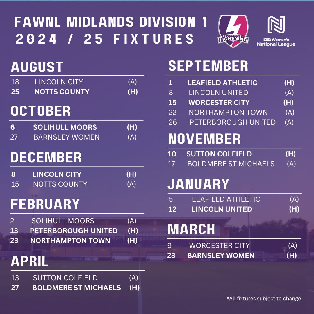🗓️ 24/25 FIXTURES RELEASED 

Our season officially kickstarts in August, on the road to @lincolncity_women 👀🚌

#lightningstrikes⚡️