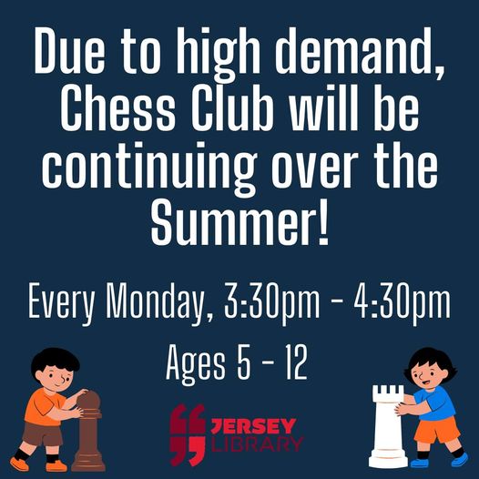 NSPCC Jersey (@jerseynspcc) on Twitter photo Due to a large number of requests, <a href="/JerseyLibrary/">Jersey Library</a> will be continuing their Children's Chess Club over the summer! It will run every Monday, from 3:30pm to 4:30pm, at the town library. No booking required, just turn up!
#jerseylibraryci #nspccjersey Due to a large number of requests, <a href="/JerseyLibrary/">Jersey Library</a> will be continuing their Children's Chess Club over the summer! It will run every Monday, from 3:30pm to 4:30pm, at the town library. No booking required, just turn up!
#jerseylibraryci #nspccjersey
