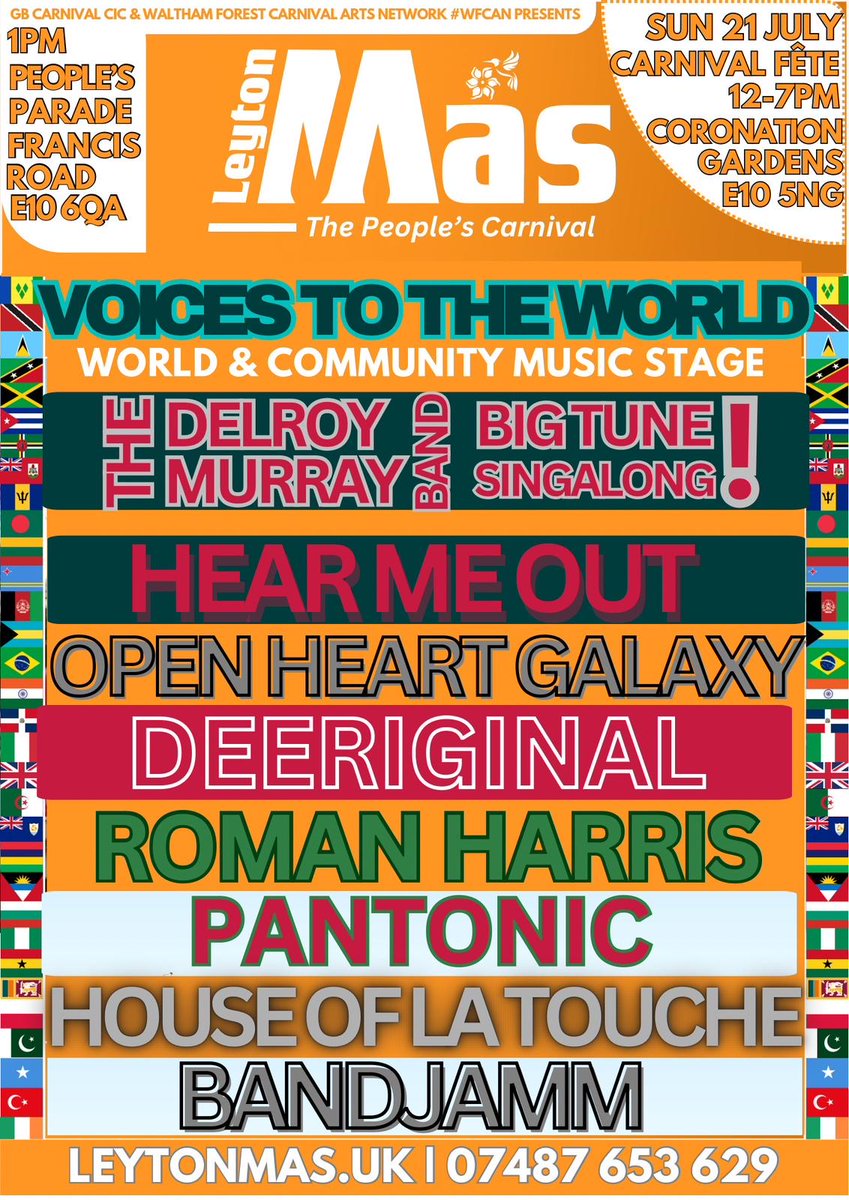 hearmeoutuk's tweet photo. The Hear Me Out band are playing at this year’s Leyton Más! Come down to enjoy the carnival and performances by a variety of talented artists!
12-7 pm Saturday 21st July at Coronation Gardens E10 5NG https://t.co/jZV35xzcE3