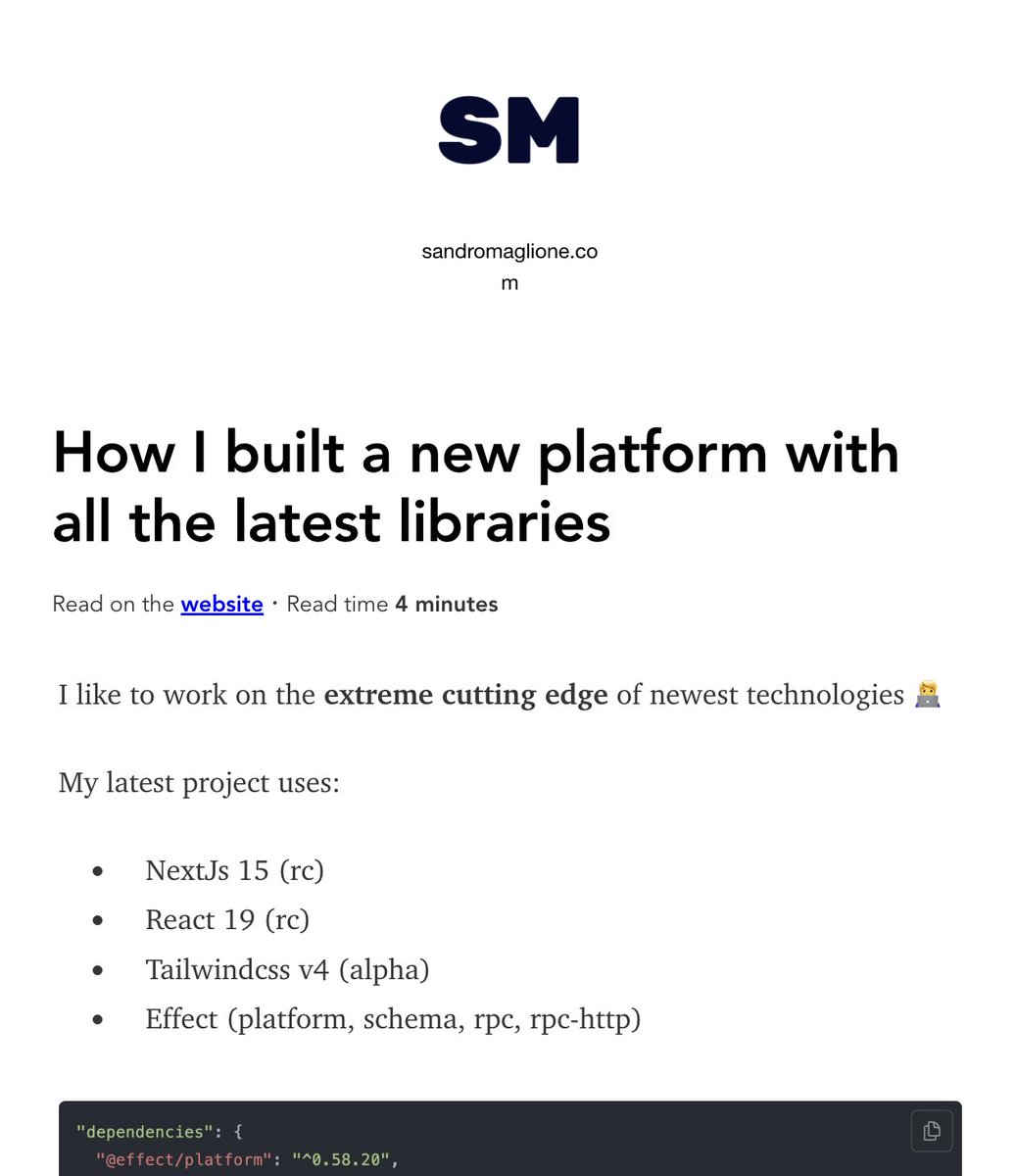 Keep your dependencies up to date, even more than up

This week on the newsletter
👉 React 19 (rc)
👉 NextJs 15 (rc)
👉 Tailwindcss v4 (alpha)
👉 <a href="/EffectTS_/">Effect | TypeScript at Scale</a> 

How I built a new platform for my courses