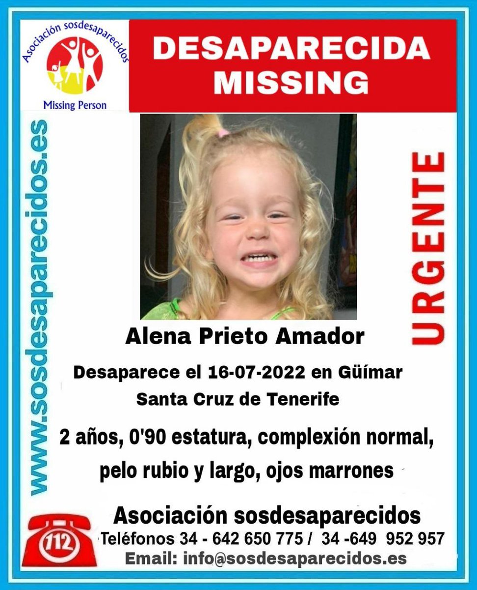 🆘 DESAPARECIDA
2 años sin Alena
Sustracción Parental 
#sosdesaparecidos #Desaparecido #Missing #Guimar #SantaCruzdeTenerife
En caso de sustracción parental <a href="/NisdeOrg/">NISDE - Asociación Niños Sin Derechos</a>