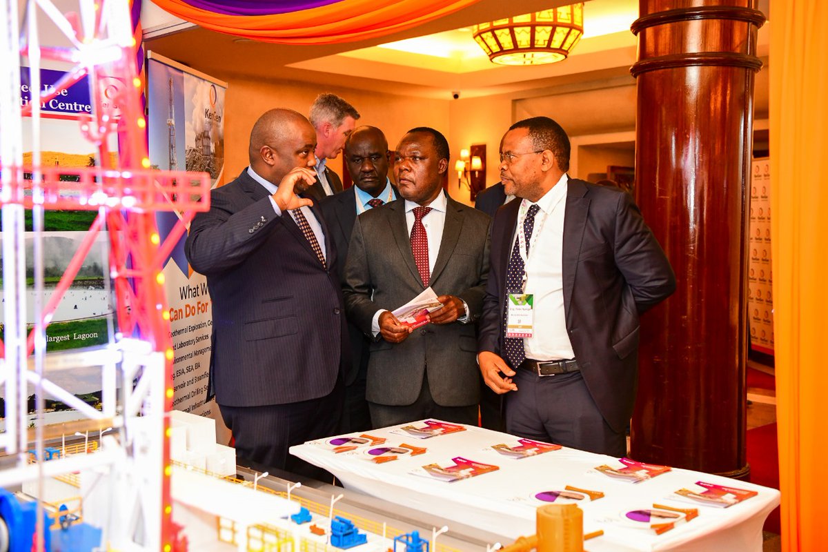KenGenMDandCEO's tweet image. On the sidelines of the #KGC2024, with the State Department for Energy Principal Secretary, @AlexKWachira, and the Industrialization PS, Dr. Juma Mukwahana, going through a detailed model of the @KenGenKenya geothermal generation process. #JenGaKenGen #KGC2024