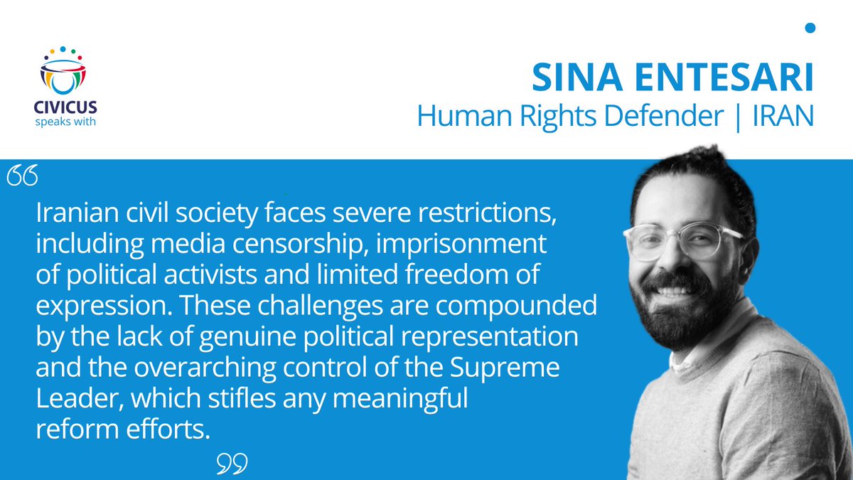 CIVICUSalliance's tweet photo. 🇮🇷IRAN: ‘The reformist candidate’s victory won’t lead to significant improvements in civic space or human rights’ - Iranian journalist and human rights defender currently living in exile, Sina Entesari on Iran’s presidential election
🔗https://t.co/MZHFjWGhab 
#CIVICUSLens https://t.co/SmzAFfh53U