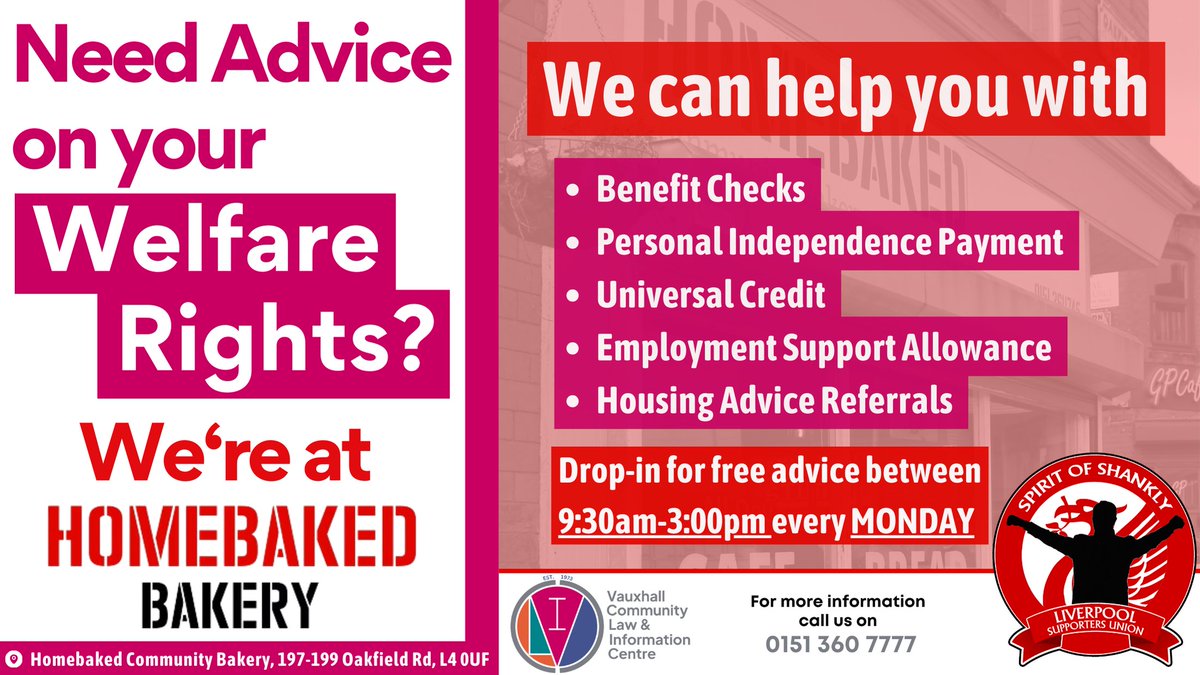 VLCLiverpool's tweet photo. Our community initiative with @spiritofshankly at @HomebakedBakery is on today! Visit us from 9.30am-3:00pm at Homebaked Anfield for confidential welfare rights advice on applying for PIP, disputing a DWP decision and more. Drop in to speak with advisors! #AccessToJustice https://t.co/9UHOXwZxLD