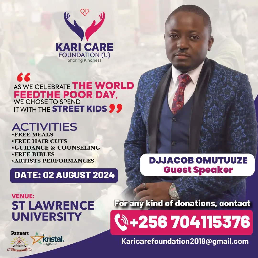 Gospel musician <a href="/levixone/">Levixone</a> and Bunamwaya Division Mayor Akugizibwe Jacob AKA <a href="/djjacobomutuze/">Djjacob Omutuuze</a> will grace WORLD FEED THE POOR DAY  Celebrations in Kampala.

Join us on 2nd August at <a href="/StLawrenceUniv/">St. Lawrence University Uganda</a> as we feed street children.
#Feedthepoor
#charity