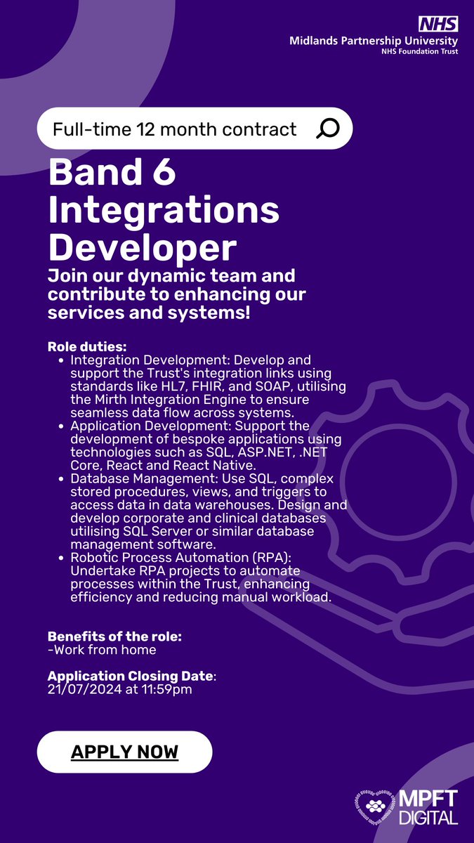 MPFT Digital (NHS) (@mpftdigital) on Twitter photo Join <a href="/mpftnhs/">Midlands Partnership University NHS FT</a> as a #IntegrationDeveloper!๐ฅ๏ธ
The focus of this role is the design, development, and technical integration of clinical systems, including but not limited to RiO, SafeGuard and EPMA.
๐jobs.nhs.uk/candidate/jobaโฆ
#IntegrationsDeveloperjob #NHSJobs #ITJobs Join <a href="/mpftnhs/">Midlands Partnership University NHS FT</a> as a #IntegrationDeveloper!๐ฅ๏ธ
The focus of this role is the design, development, and technical integration of clinical systems, including but not limited to RiO, SafeGuard and EPMA.
๐jobs.nhs.uk/candidate/jobaโฆ
#IntegrationsDeveloperjob #NHSJobs #ITJobs