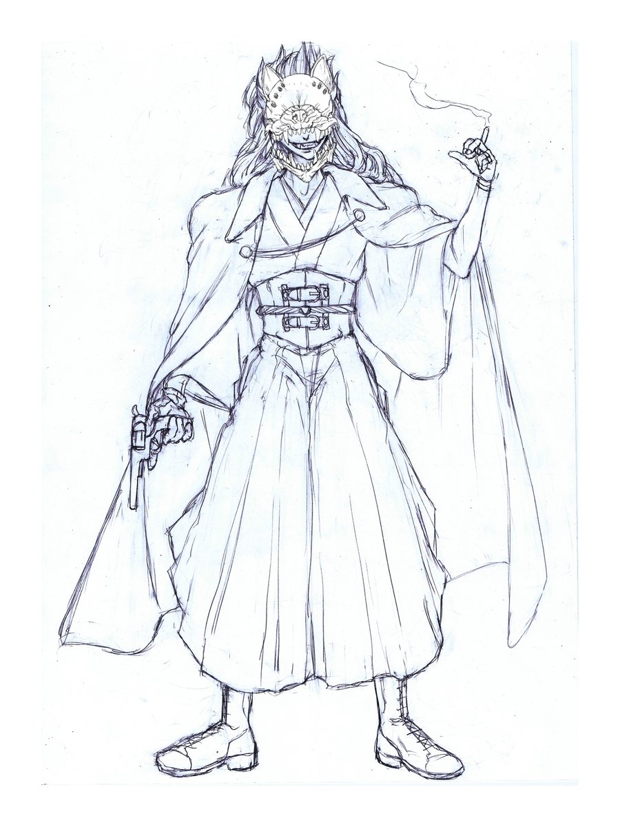 サイバーパンク狼マスク＋大正浪漫　立ち絵その1   
#初夏の創作クラスタフォロー祭り 
#絵描きさんと繋がりたい 
#絵柄が好みって人にフォローされたい