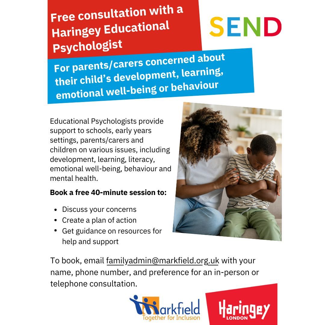 MarkfieldProject (@markfieldproj) on Twitter photo Free consultation with a Haringey Educational Psychologist
For parents/carers concerned about their child’s development, learning, emotional well-being or behaviour
To book email familyadmin@markfield.org.uk with your name, phone & preference for in-person or phone consultation Free consultation with a Haringey Educational Psychologist
For parents/carers concerned about their child’s development, learning, emotional well-being or behaviour
To book email familyadmin@markfield.org.uk with your name, phone & preference for in-person or phone consultation