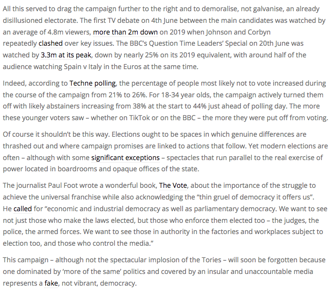 lazebnic's tweet image. My contribution - "The great election turn-off" - is one of the 101 chapters in this comprehensive collection of short reflections on #generalelectionuk published with impressive speed by @CMPR_BU Free to read at electionanalysis.uk