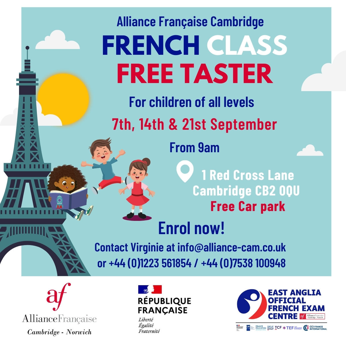 FrenchCornerCam's tweet photo. \Free Taster - Our children’s French courses in Cambridge/

👉Register now for the best French courses in the world! https://t.co/RMRNXhCpvK 

Contact Virginie at info@alliance-cam.co.uk / 01223 561854 or on our website the team is waiting for you:) https://t.co/HBH4R7d2Ci