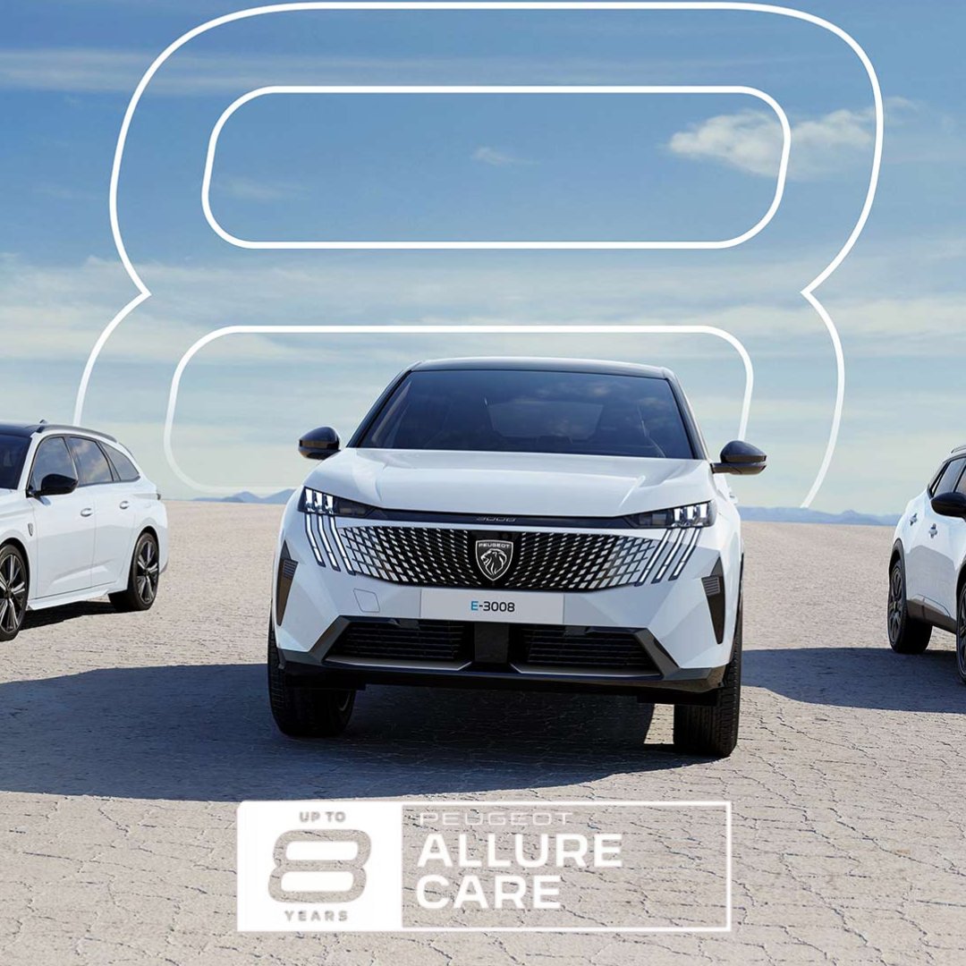 New Peugeot Allure Care delivers peace of mind, by providing comprehensive cover for the electric motor, charging system, powertrain, and electrical and mechanical components for up to 8 years or 100,000 miles.  Available on the latest gen of all-electric Peugeot line up.