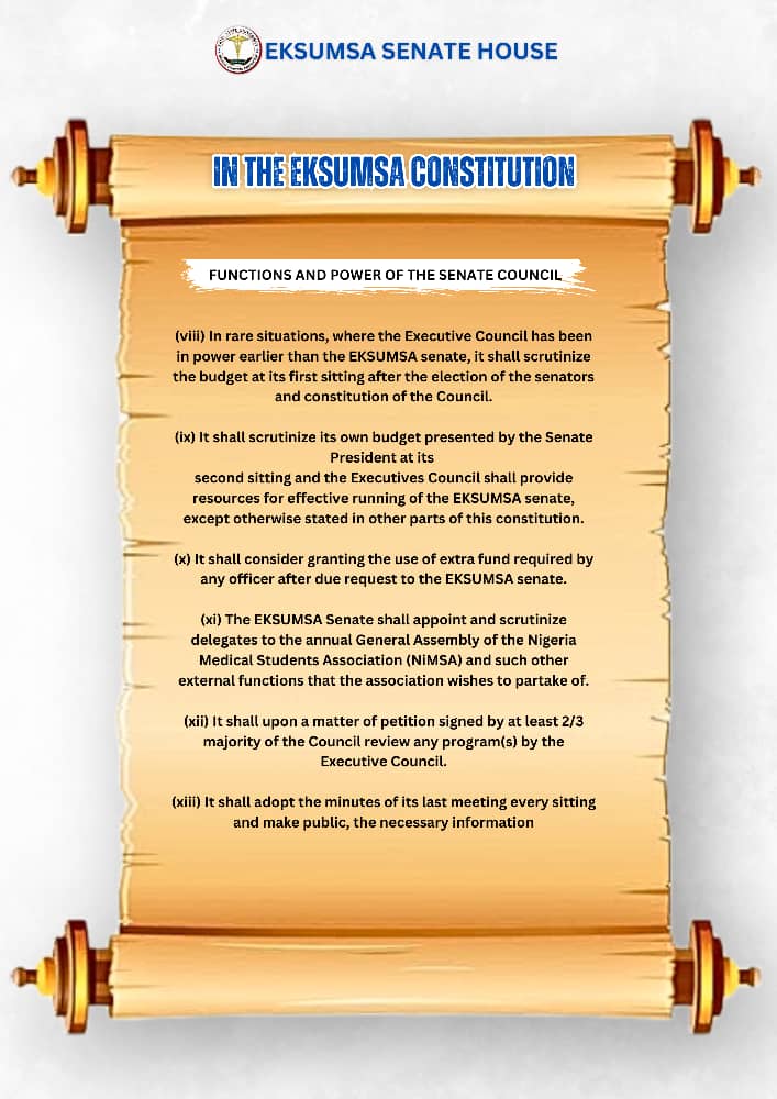 eksumsasenate's tweet photo. DEAR EKSUMSITES,

Its another exciting episode of our weekly series, *"Know Your Constitution."*

Episode 12 Contents:
📍Functions and Power of The Senate Council. https://t.co/LJX37BTXo5