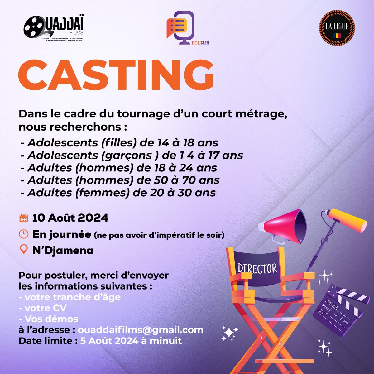 TambourdeSilenc's tweet photo. Nous recherchons des actrices et acteurs de tous les niveaux d'expérience pour un court métrage passionnant !
Ce projet est réalisé en collaboration avec Ouadaï Films, la Ligue Tchadienne et Edu slam .
Rejoignez-nous pour donner vie à cette histoire inspirante !#Tchad
#Eduslam https://t.co/50m4CLvzey