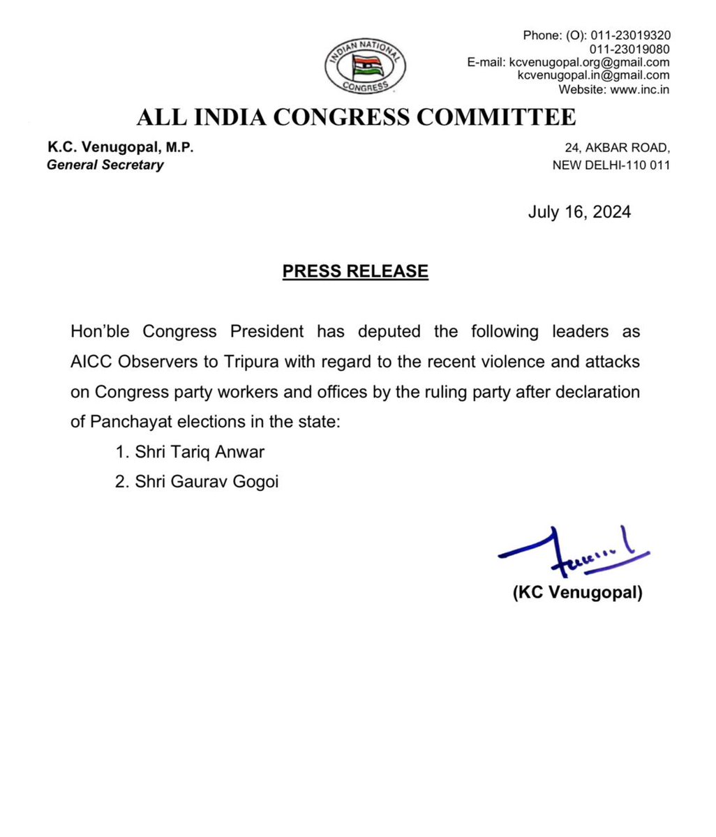 INCSandesh's tweet photo. Hon'ble Congress President has deputed the following leaders as AICC Observers to Tripura with regard to the recent violence and attacks on Congress party workers and offices by the ruling party after declaration of Panchayat elections in the state: https://t.co/mlLHAsS1LU