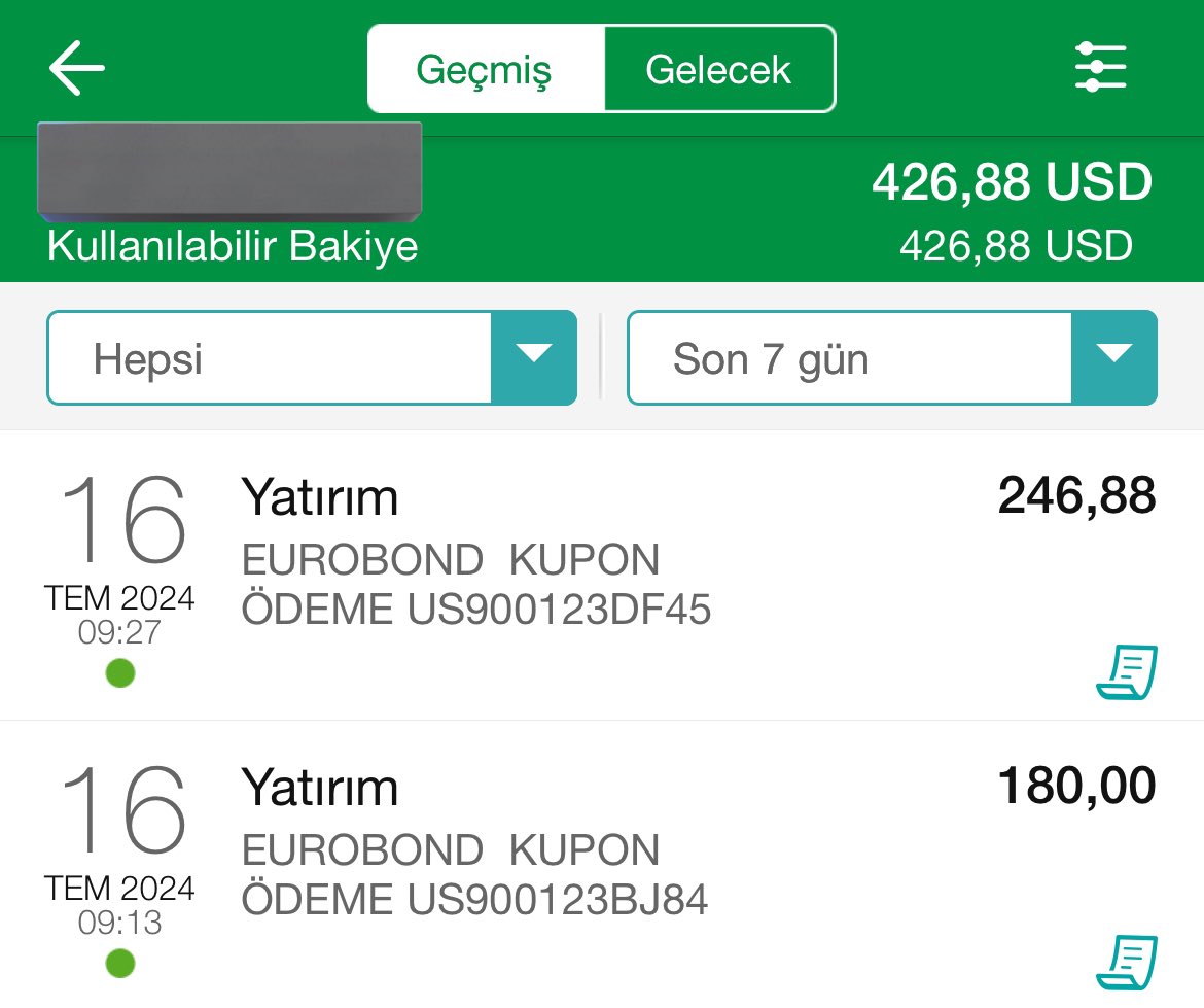 finansalozgur1's tweet photo. 💵 US900123DF45 ve US900123BJ84 kodlu #eurobond kupon ödemeleri bugün yapıldı, tüm yatırımcılarına hayırlı olsun..
🌎 Gelen kuponları oğlumun Abd #borsa yatırımında #hisse ve #etf (#fon) alımında kullanmayı planlıyorum..
📝 #Yatırım tavsiyesi değildir, herkesin kendi parası, kendi riski, kendi kararı..