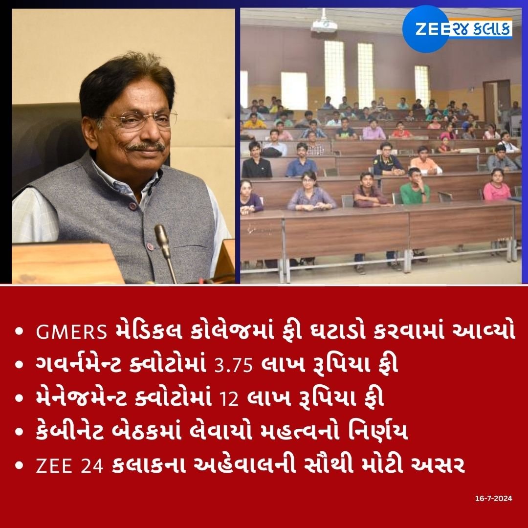 ZEE 24 કલાકના અહેવાલની સૌથી મોટી અસર...
રાજ્ય સરકારે GMERS મેડિકલ કોલેજની ફીમાં કર્યો ઘટાડો
રાજ્ય સરકારના પ્રવક્તા મંત્રી ઋષિકેશ પટેલે જાહેરાત કરી

#GMERS #FEES #Gujarat <a href="/irushikeshpatel/">Rushikesh Patel</a> <a href="/Zee24Kalak/">Zee 24 Kalak</a>