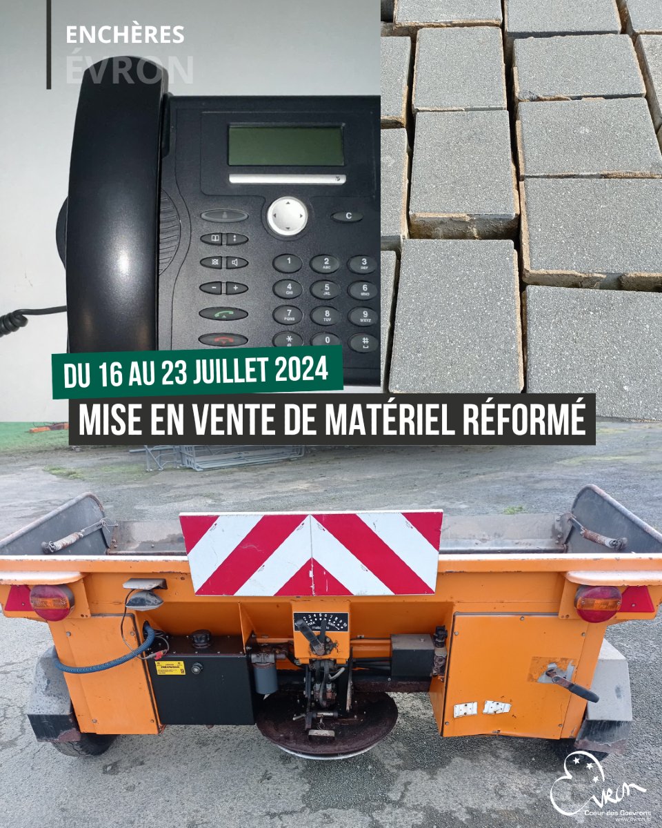📞 🏛 Du 16 au 23 juillet 2024, la ville d'Evron met en vente son matériel réformé, rendez-vous sur AGORASTORE : agorastore.fr/ventes-occasio…