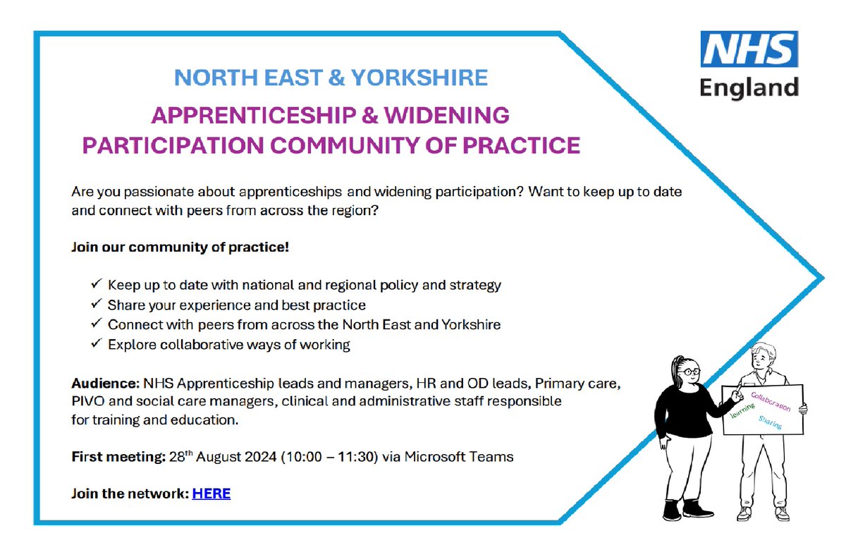NORTH EAST &amp; YORKSHIRE
APPRENTICESHIP &amp; WIDENING PARTICIPATION COMMUNITY OF PRACTICE

Are you passionate about apprenticeships and widening participation? Want to keep up to date
and connect with peers from across the region?

Join our community HERE - forms.office.com/e/d7h0qtgD4g