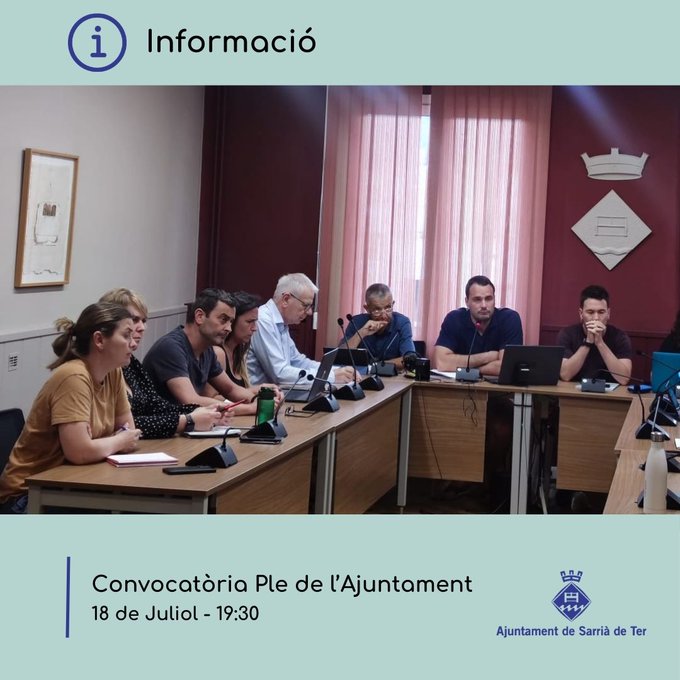 Ple del dijous, 18 de juliol  Es celebrarà a les 19:30 a la Sala de Plens de l’Ajuntament i es podrà seguir en directe a través de Ràdio Sarrià i Youtube (youtube.com/channel/UCmDS-……). Un cop finalitzat, també estarà disponible al web de l'Ajuntament. (actes.sarriadeter.cat/session/portad……)