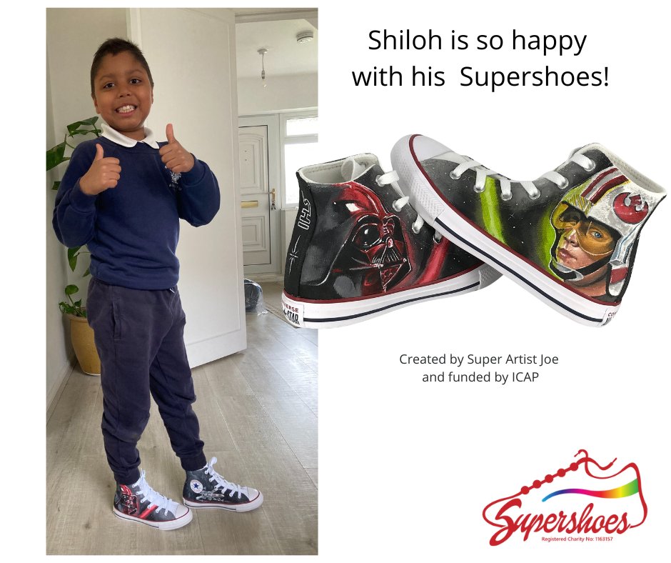 SupershoesUK's tweet photo. 8 YO Shiloh is in treatment for ALL, so @YoungLivesvsCancer referred Shiloh to give him a boost. His mum sent us a lovely email with thanks as its been wonderful for her to see her son so happy. Big thanks to Super Artist Joe and to @ICAP for funding. #LacedWithHope https://t.co/5mlmTXfYgc