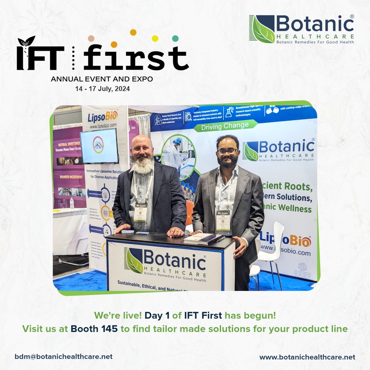 BotanicHealthc1's tweet image. Day 1 at #IFTFIRST2024 is off to an electrifying start!

Our team is thrilled to be among the innovators shaping the future of food. Join us at booth 145 for the next two days to discover how our natural, organic ingredients are driving sustainable solutions for a healthier world