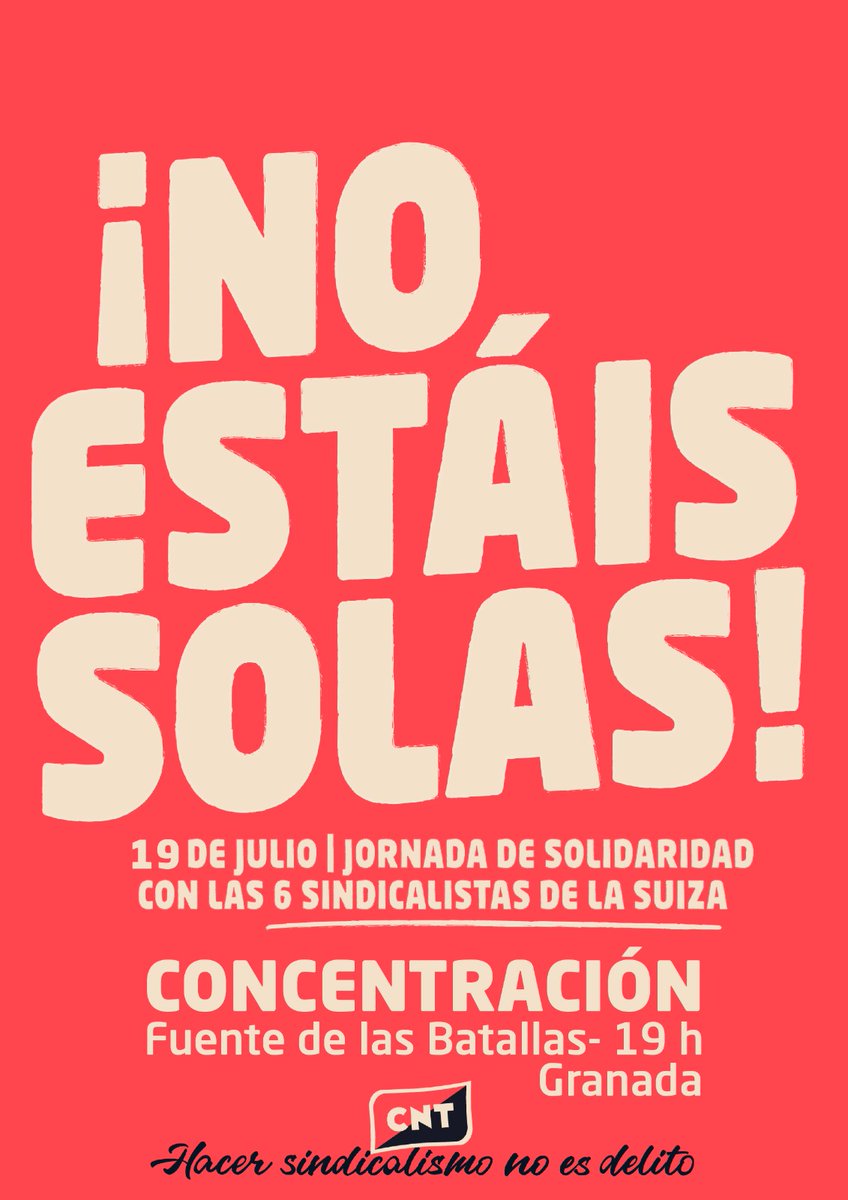 El viernes 19 <a href="/CNT_Gr/">CNT Granada</a> estaremos en la Fuente de las Batallas en solidaridad con las <a href="/6delaSuiza/">6 de la Suiza</a> de <a href="/XixonCnt/">CNT Xixón</a> y con las compas de <a href="/SATGRX/">SAT-Granada</a> para decir bien claro q #HacerSindicalismoNoEsDelito 
Nos acompañarán <a href="/CGTGranada/">CGT Granada</a> @GranadaUstea <a href="/CSTA_sindicato/">CSTA 🚩</a> y la asamblea interprofesional