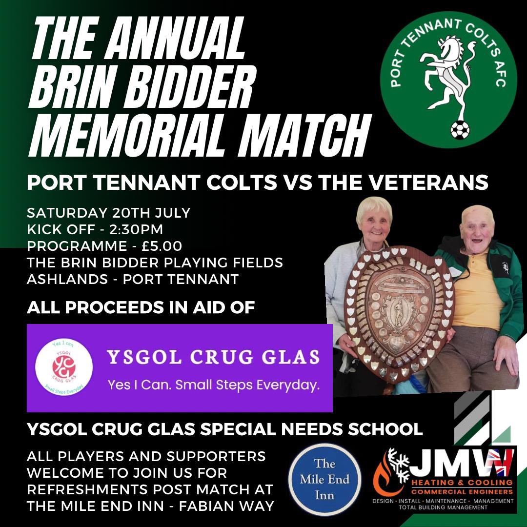 The Annual Brin Bidder Memorial Match
@ The Brin Bidder Playing Fields (ashlands) in Port Tennant!⚽️

📅 : Saturday, 20th July
🕝 KO: 2:30 PM

In support of Ysgol Crug Glas Special Needs School.🎓

Match programmes available for £5.
Back to The Mile End Inn on for refreshments🍺