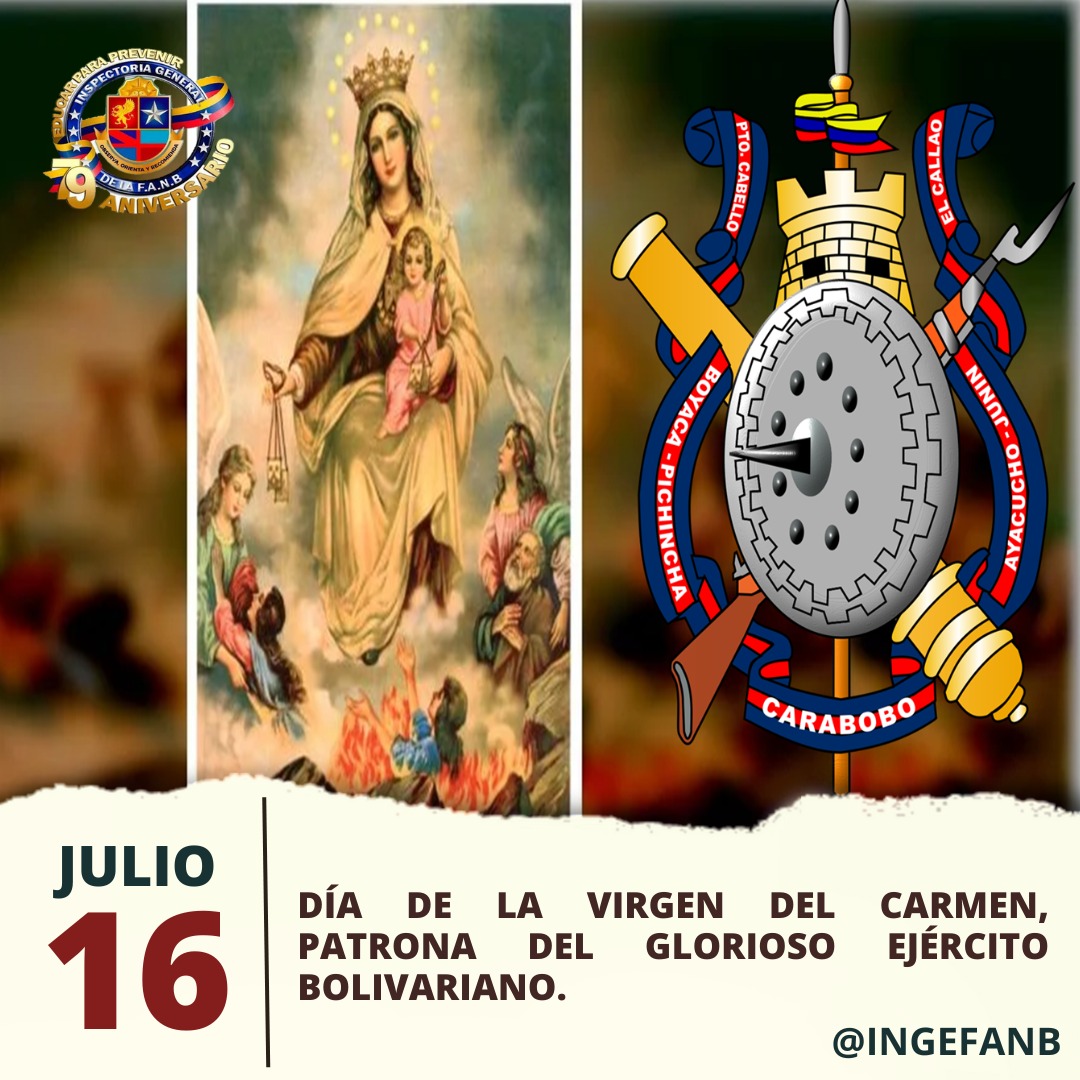 #16Jul || Hoy celebramos con gran júbilo y devoción el Día de la Virgen del Carmen, Patrona y Defensora de nuestro Glorioso Ejército Bolivariano. Pedimos por la paz de todo el pueblo, para que todos seamos unidos como familia fuerte para servir a la Patria.