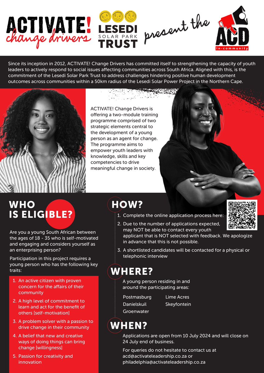 Are you a young South African between the ages of 18 – 35 who is self-motivated, and engaging and considers yourself as go-getter?

Apply for Activate Change Drivers (ACD) 2024 Application for South Africa Youths.

Details: t.ly/7kLLY

<a href="/ActivateZA/">ACTIVATE! Change Drivers</a> #JobSeekerSA