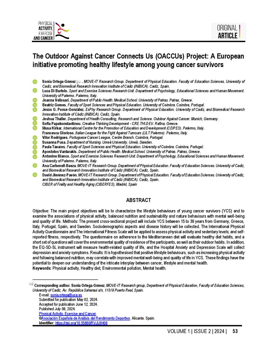 Ortega-Gómez, S., et al. (2024). The Outdoor Against Cancer Connects Us (OACCUs) Project: A European initiative promoting healthy lifestyle among young cancer survivors. Physical Activity, Exercise and Cancer, 1(2), 53–61. doi.org/10.55860/RVJU9…