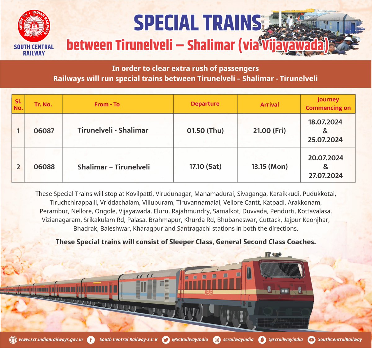 Special trains between Tirunelveli - Shalimar (Via Vijayawada)