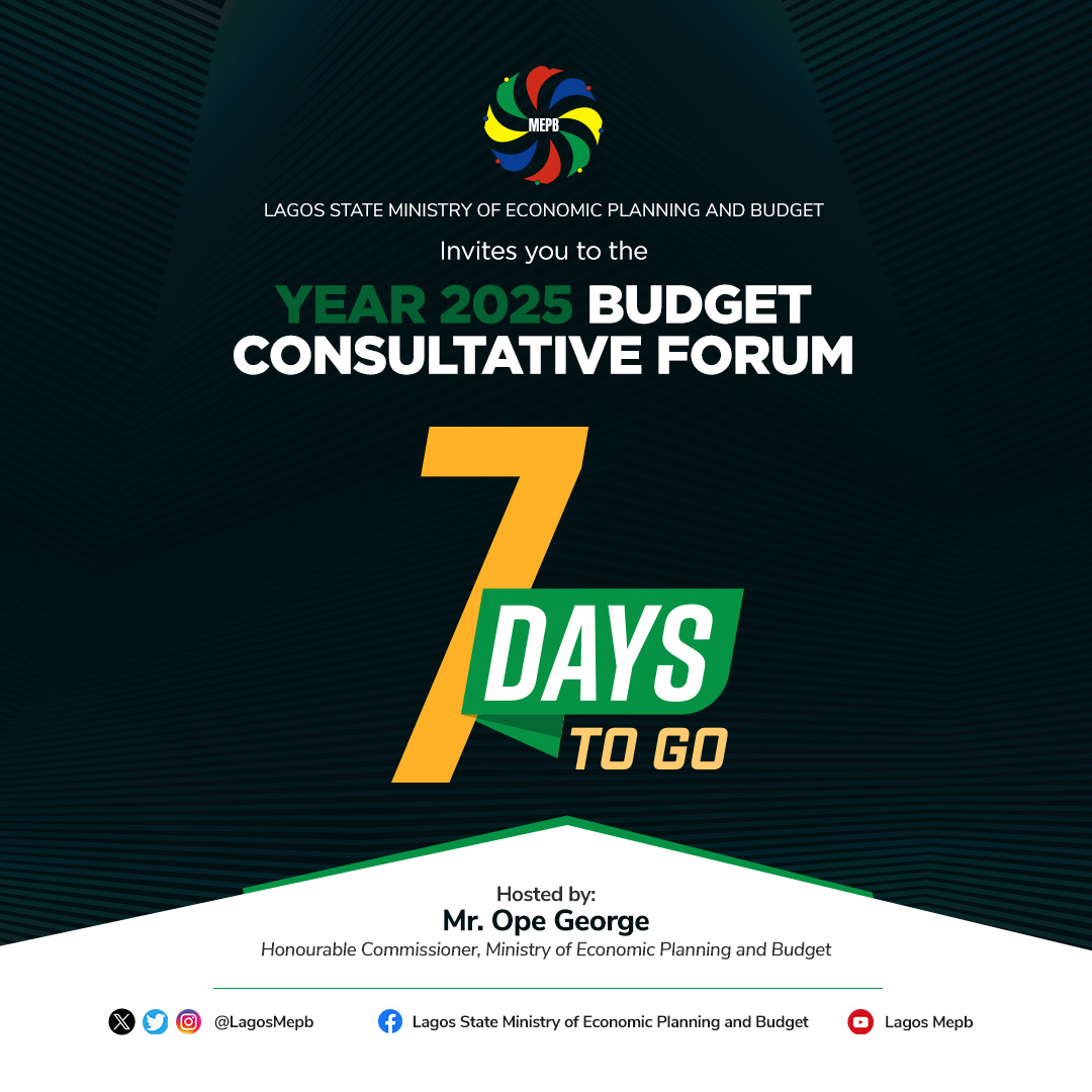 LagosMepb's tweet image. Just 7 days to go for the Y2025 Lagos State Budget Consultative Forum! Join us live to discuss developmental requests, address issues, and get updates on the 2024 budget. Be part of the dialogue, be part of the change!
#Year2025Budget #BudgetConsultativeForum #AGreaterLagosRising