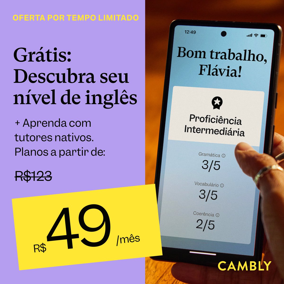 🚨 OFERTA POR TEMPO LIMITADO: planos a partir de R$49/mês. Faça o Teste de Speaking, recebe feedback instantâneo e escolha o plano ideal  p vc pelo menor preço!