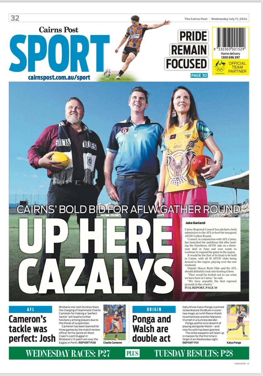 Gather Round Cairns, we will take you on a journey filled with picturesque views, mountain ranges, plenty of warm weather and everything else you’ll need for your footy action! Grab a copy of tomorrows <a href="/TheCairnsPost/">Cairns Post</a> and check out the bold bid by AFL Cairns and council