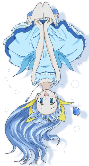 昨晩描き上げた、ふわふわ青の子(オリキャラ)。白背景