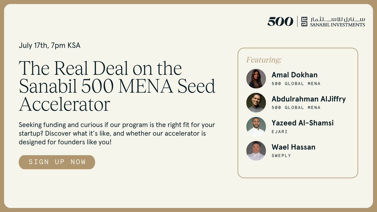 If you're curious about the Real Deal on the #Sanabil500 #MENA Seed Accelerator, why not uncover it with us? Join us on July 17th and let's chat! 

➡️ RSVP for the live session: bit.ly/3LgJh8J 
//
🚀 Apply for the next batch: bit.ly/44mi9gt

See you there 👋