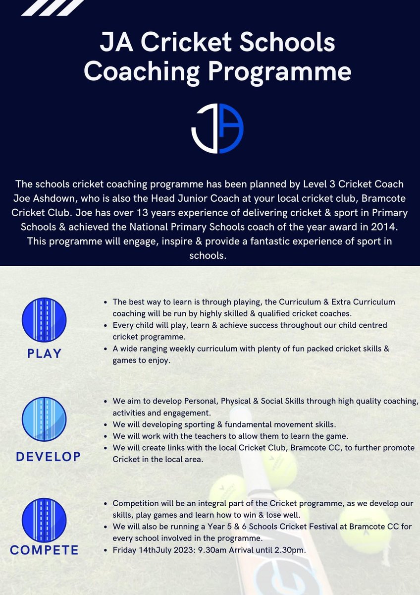 Joe Ashdown π (@joeashdownsport) on Twitter photo Schools Cricket Coaching Programme 2024/25.
This is a programme ran in partnership with local cricket club Bramcote CC where we look to advertise the cricketing opportunities at the club and also get more bats & balls in childrens hand.
Email: joeashdownsports@gmail.com π Schools Cricket Coaching Programme 2024/25.
This is a programme ran in partnership with local cricket club Bramcote CC where we look to advertise the cricketing opportunities at the club and also get more bats & balls in childrens hand.
Email: joeashdownsports@gmail.com π
